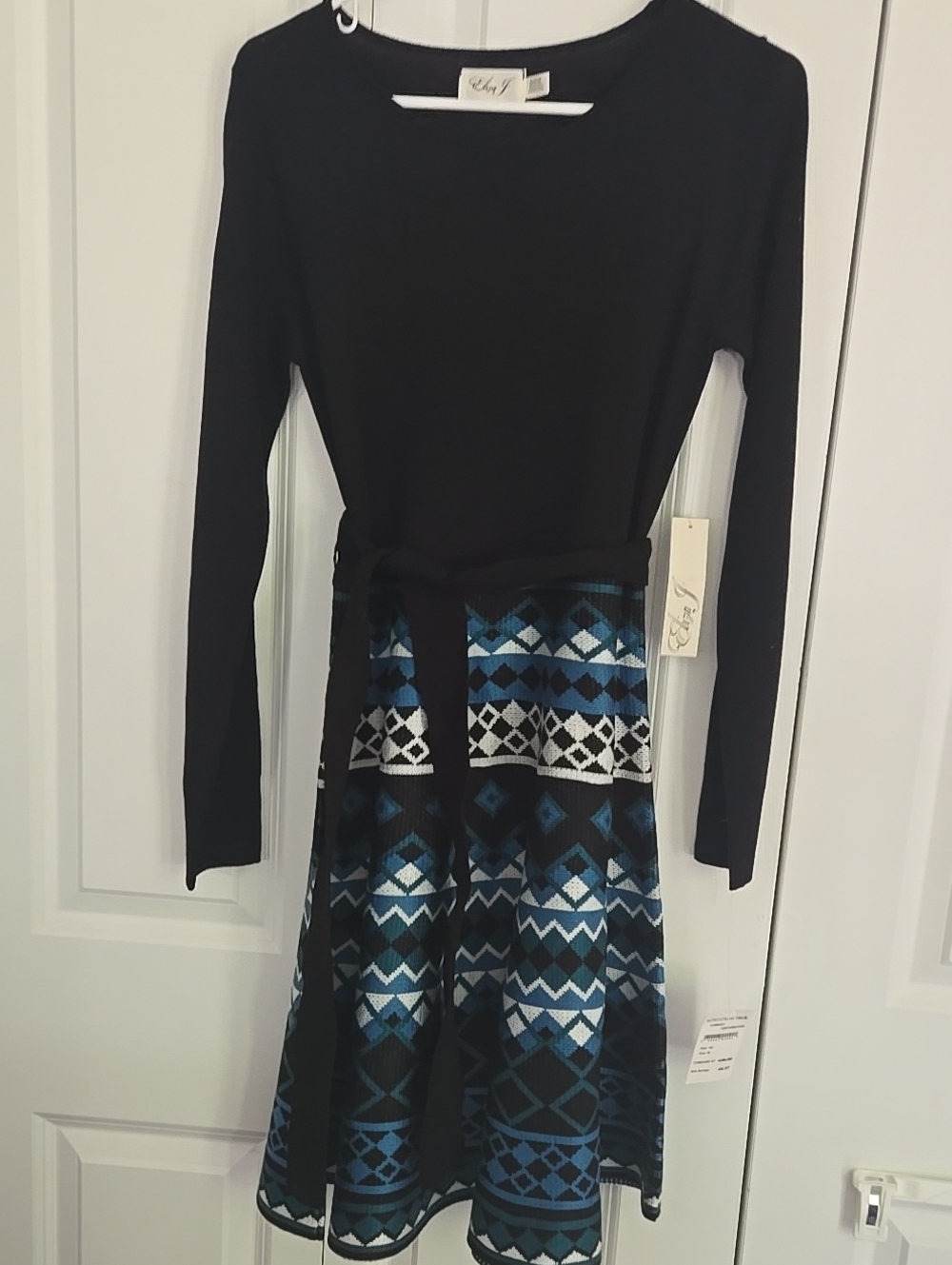 Eliza J Black Long-Sleeve Dress with Blue Patterned Skirt Medium